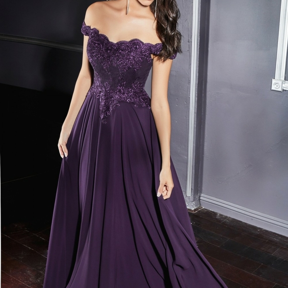 black, champagne, pink, blue, purple off shoulder lace flowy chiffon skirt gown - Picture 5 of 10